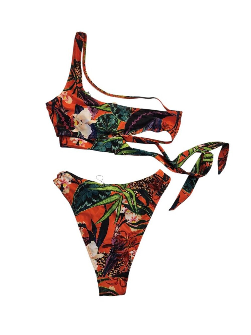 NWT Missguided Womens Bikini Orange Green Leaf Floral Print Size 6 One Shoulder